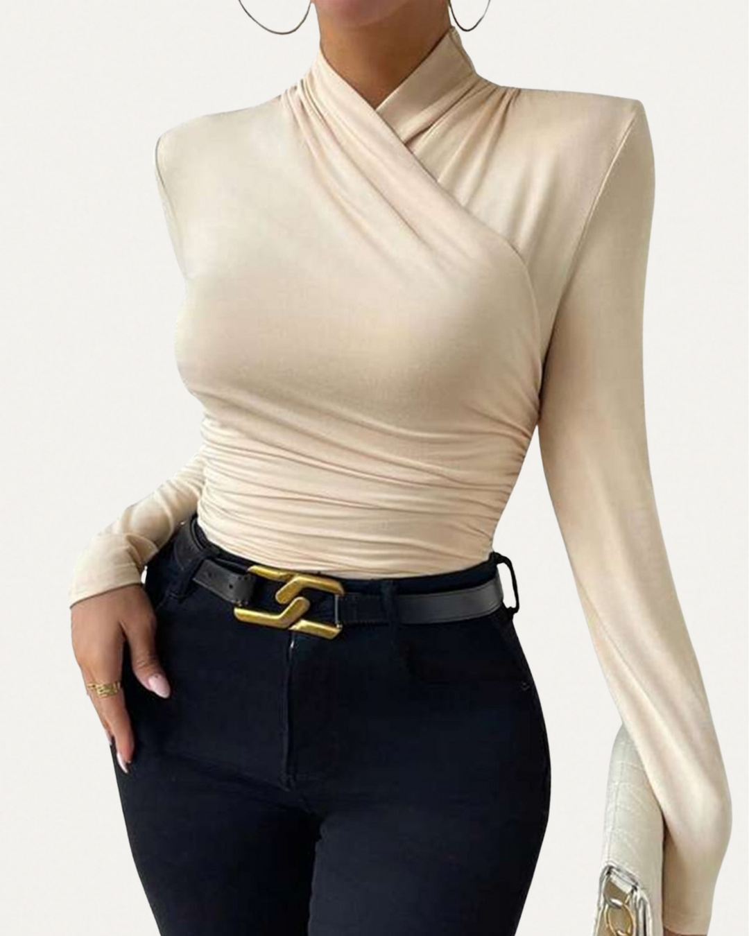 Women’s Long Sleeve Criss-Cross Top – Slim Fit Pleated Tee for Casual Elegance