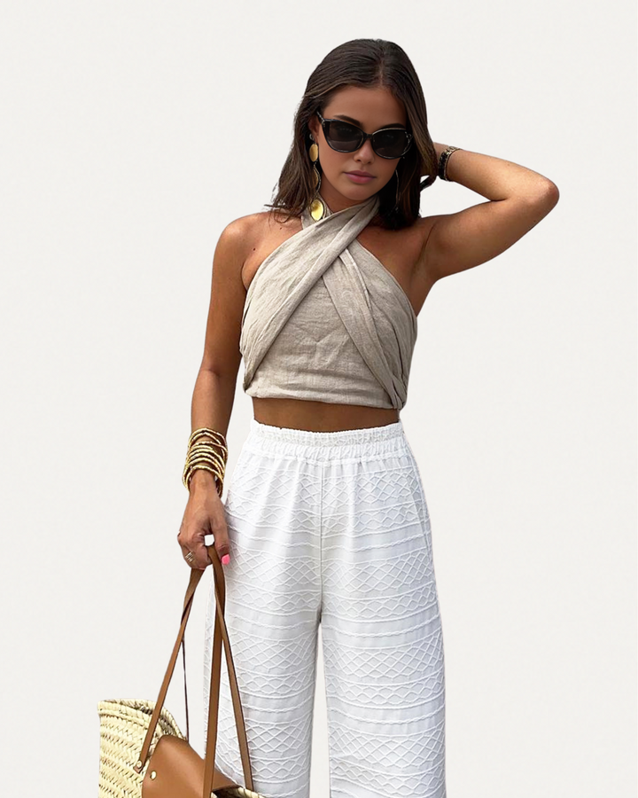 Linen Blend Crisscross Halter Top – Sleeveless Summer Staple for Women