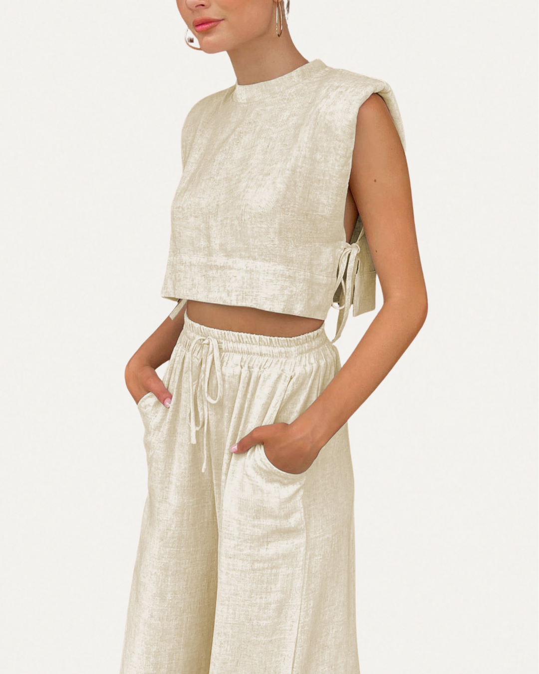 Wide-Leg Two-Piece Pants Set for Women – Beige Matching Top & Trousers Outfit