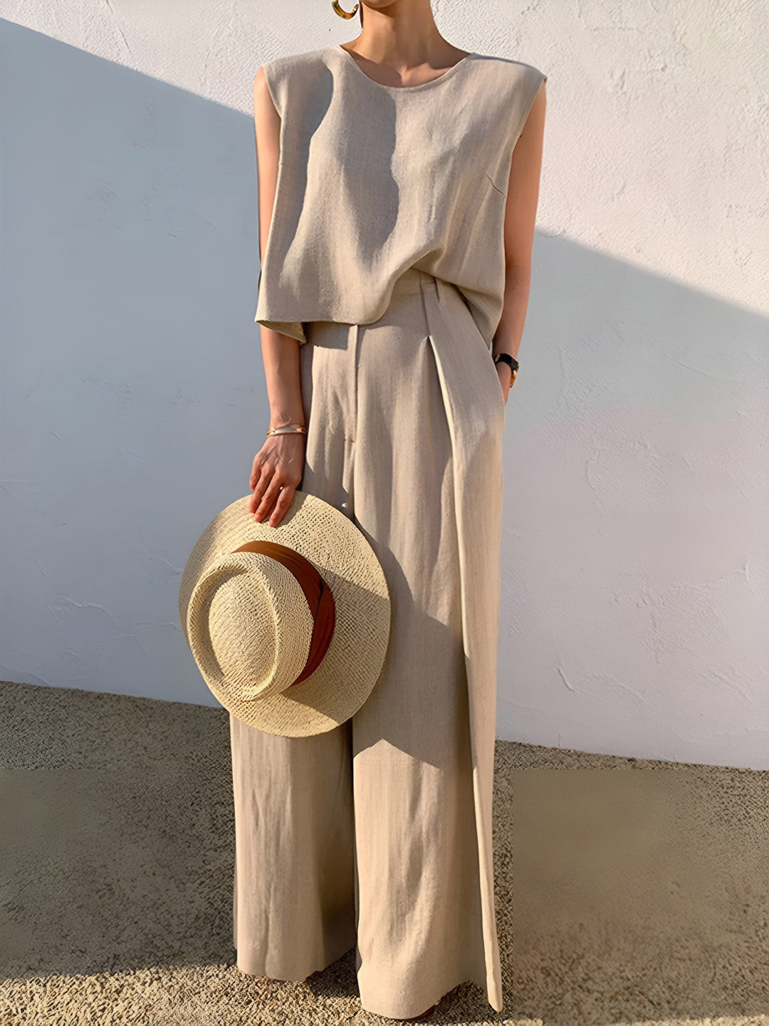 Linen Blend Casual Two Piece Pants Set for Women – Comfortable Matching Top and Trousers Set in Breathable Fabric 0