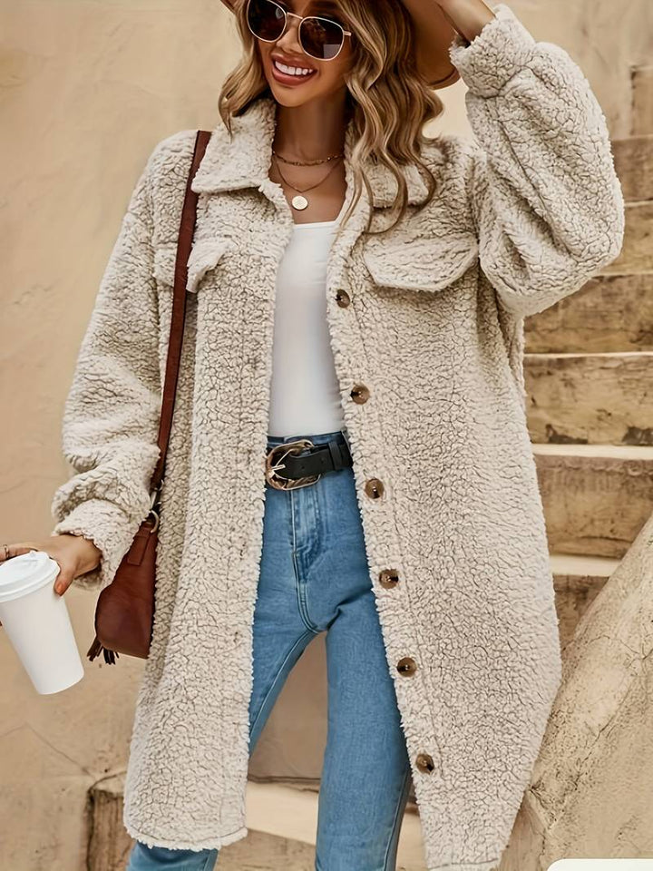 Long Beige Teddy Coat for Women – Stylish and Warm Winter Outerwear 1