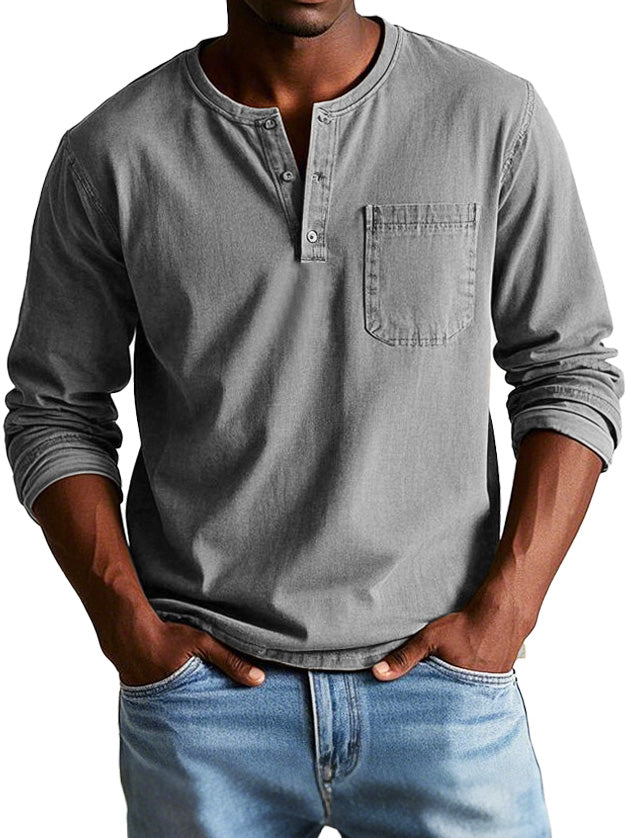 Long Sleeve Vintage Men's Shirt – High-Quality Eco-Friendly Cotton, Relaxed Fit with Henley Collar 0