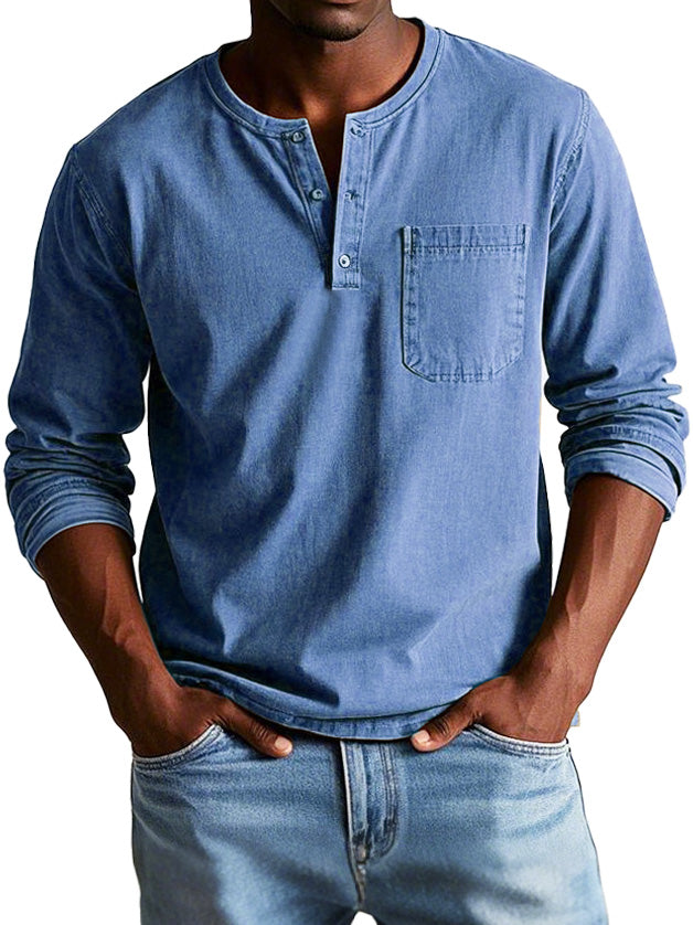 Long Sleeve Vintage Men's Shirt – High-Quality Eco-Friendly Cotton, Relaxed Fit with Henley Collar 1