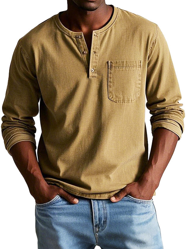 Long Sleeve Vintage Men's Shirt – High-Quality Eco-Friendly Cotton, Relaxed Fit with Henley Collar 3