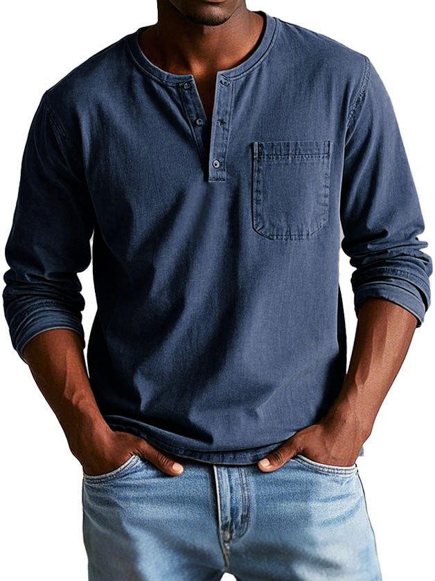 Long Sleeve Vintage Men's Shirt – High-Quality Eco-Friendly Cotton, Relaxed Fit with Henley Collar 7