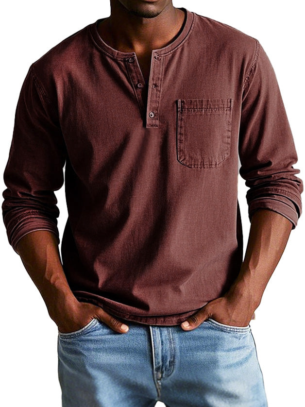 Long Sleeve Vintage Men's Shirt – High-Quality Eco-Friendly Cotton, Relaxed Fit with Henley Collar 9