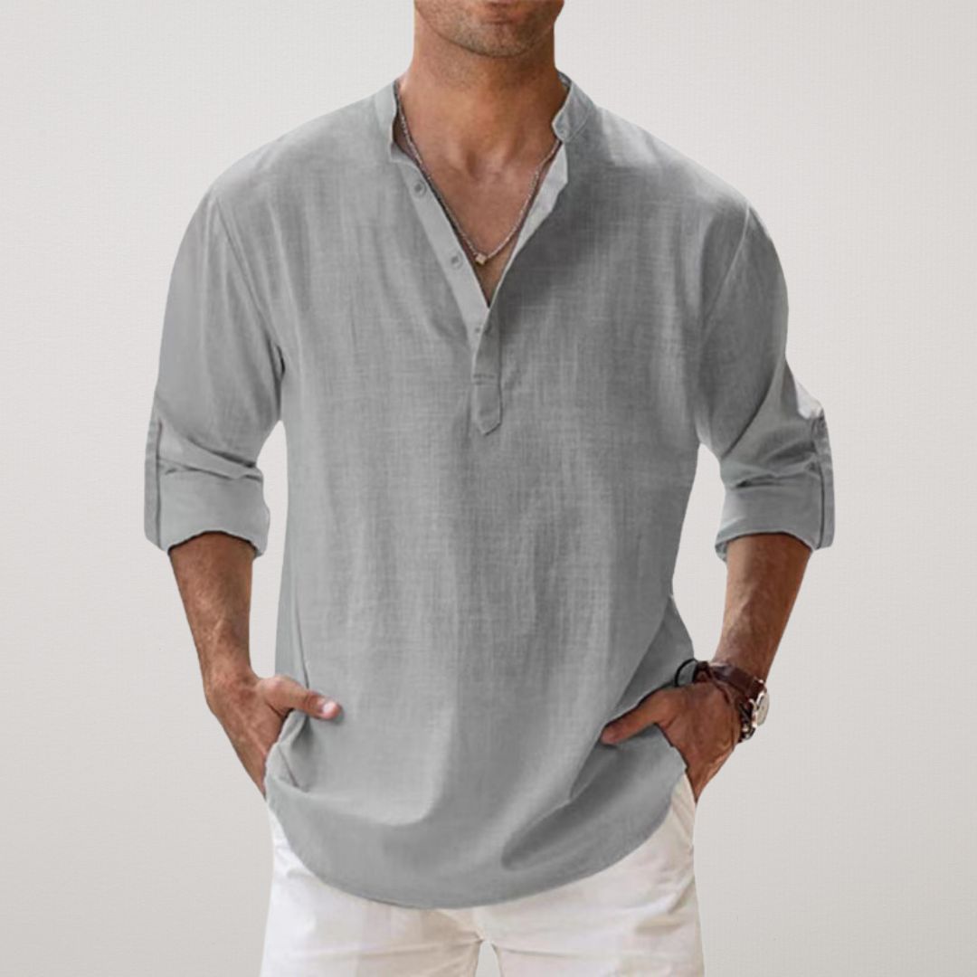 Men's Henley Shirt Light Gray Size M Cotton Linen Effect 3