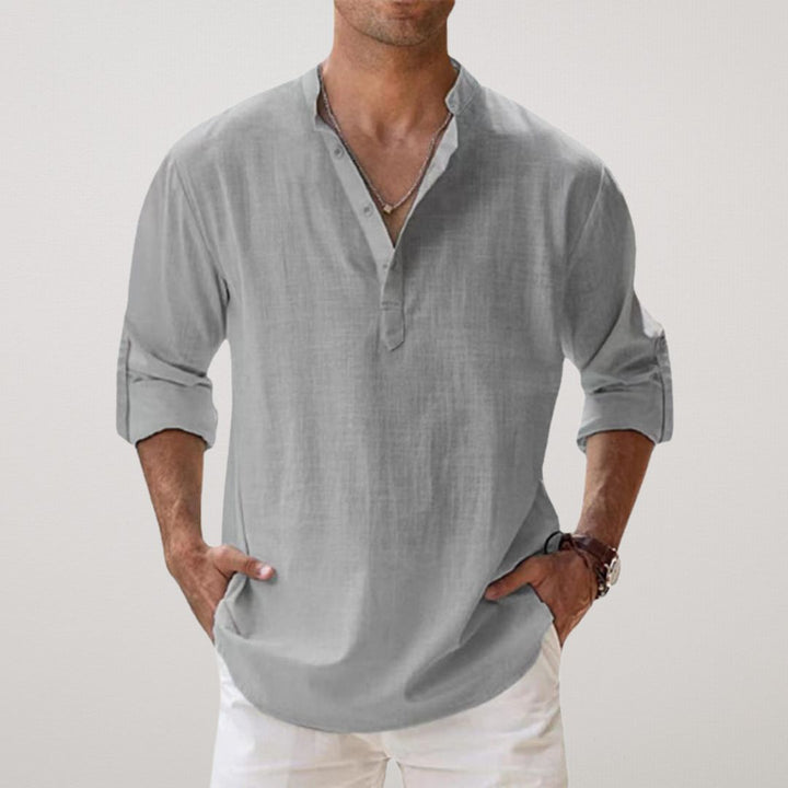 Men's Henley Shirt Light Gray Size M Cotton Linen Effect 3