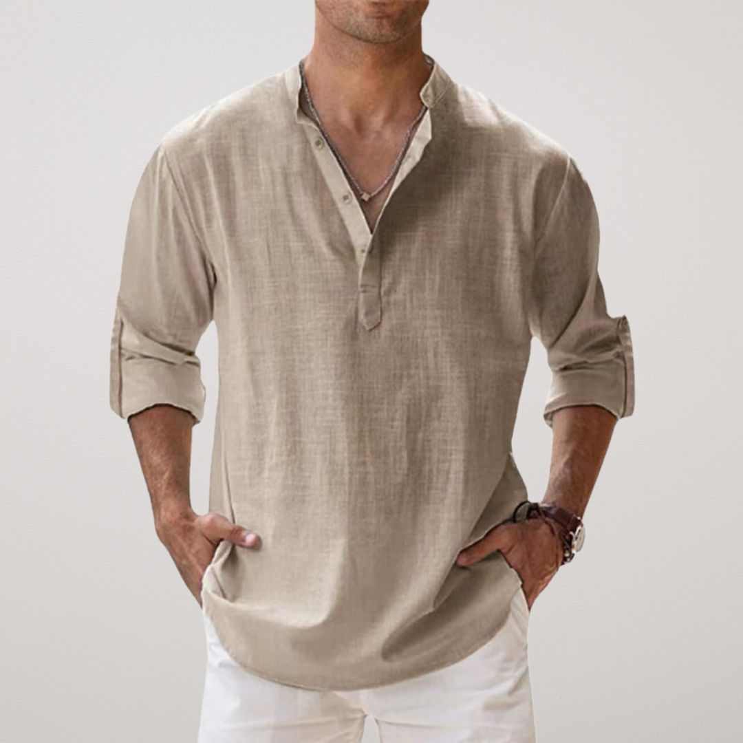 Men's Henley Shirt Light Gray Size M Cotton Linen Effect 6
