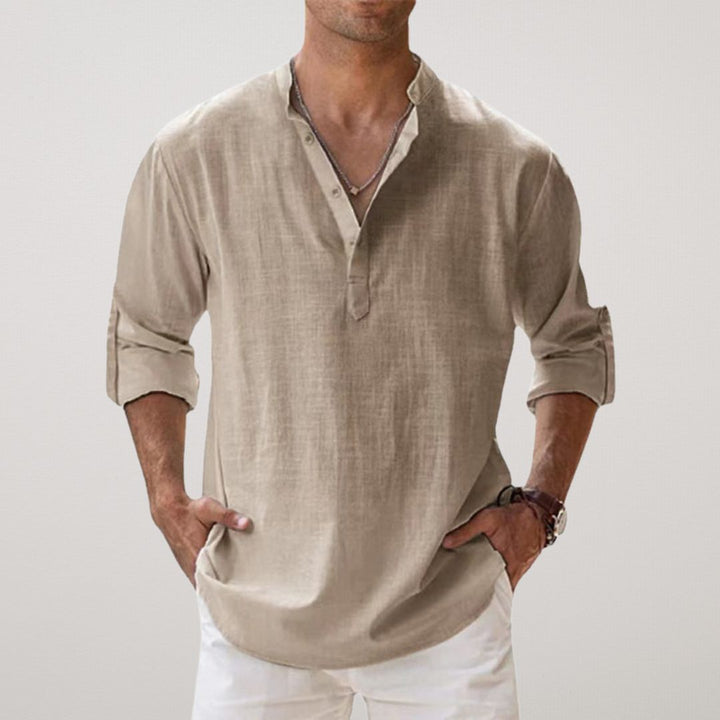 Men's Henley Shirt Light Gray Size M Cotton Linen Effect 6