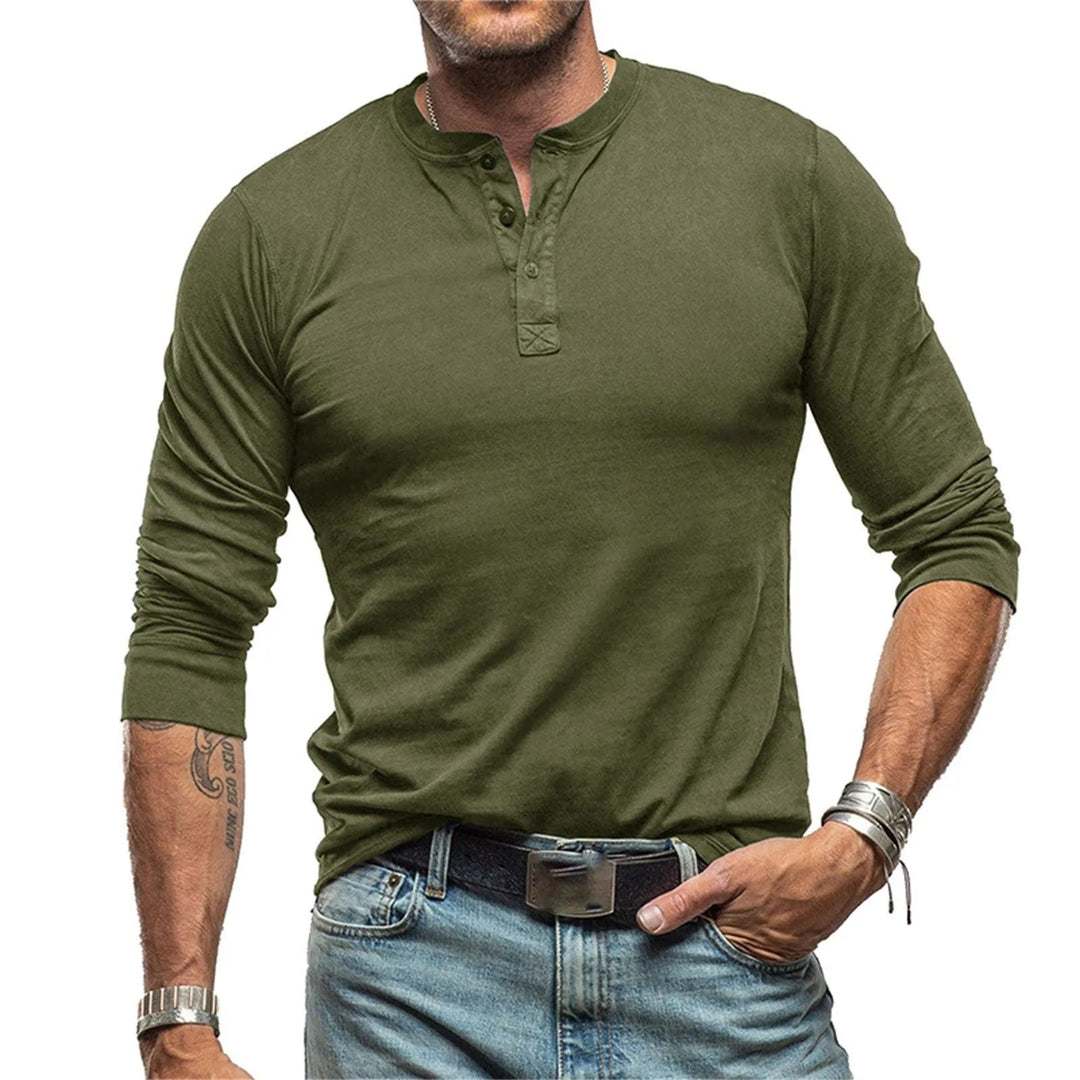 Men's Long Sleeve Vintage-Inspired Shirt – Soft Cotton, Athletic Fit, Available in Blue, Olive, Black, and White 2