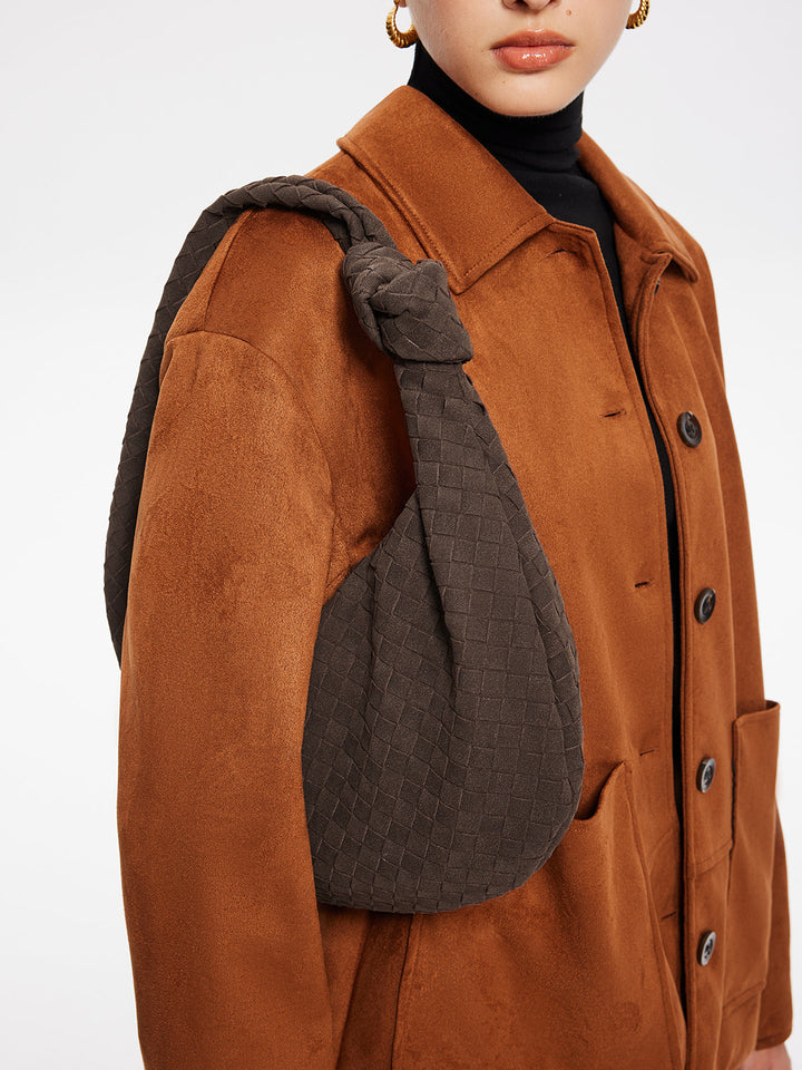 Stylish Rounded Woven Suede Handbag – Versatile Everyday Bag with Spacious Interior and Unique Design 3