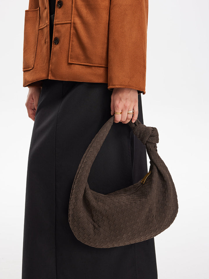 Stylish Rounded Woven Suede Handbag – Versatile Everyday Bag with Spacious Interior and Unique Design 4