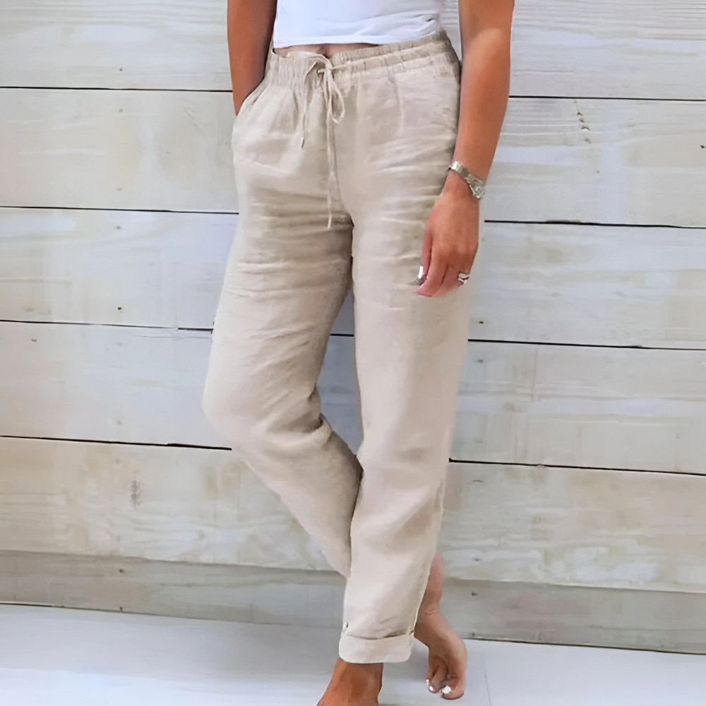Women's Linen Pants Beige Size M Cotton Blend 1