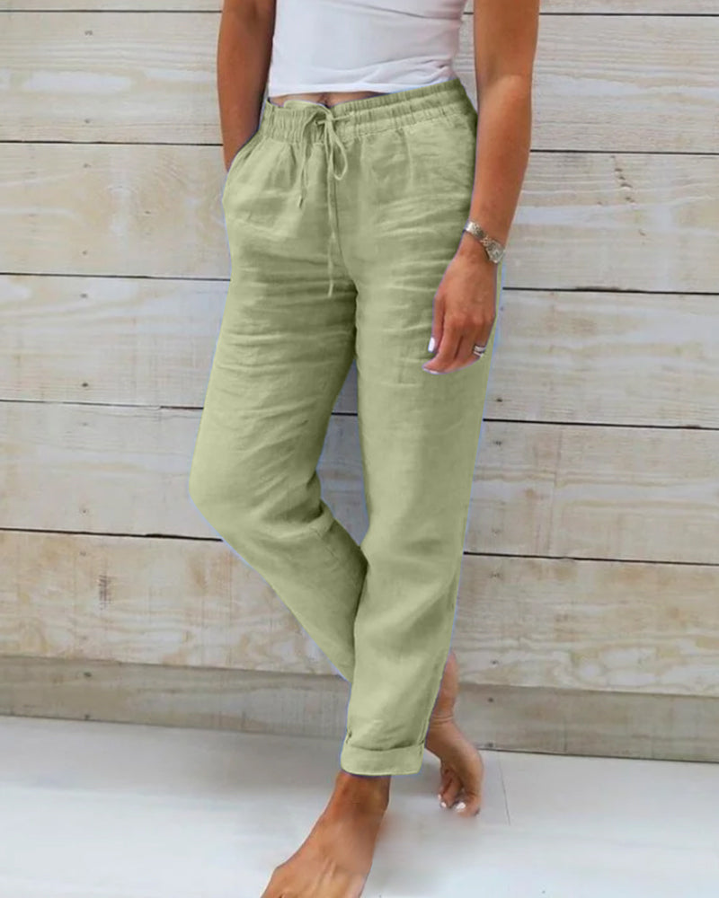 Women's Linen Pants Beige Size M Cotton Blend 4