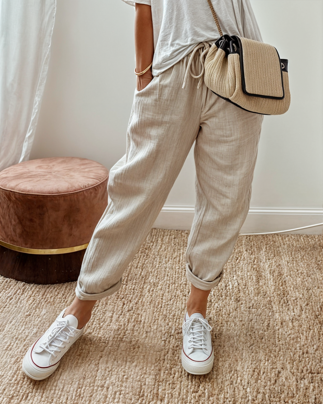 Women's Linen Pants Beige Size M Lightweight Breathable 0