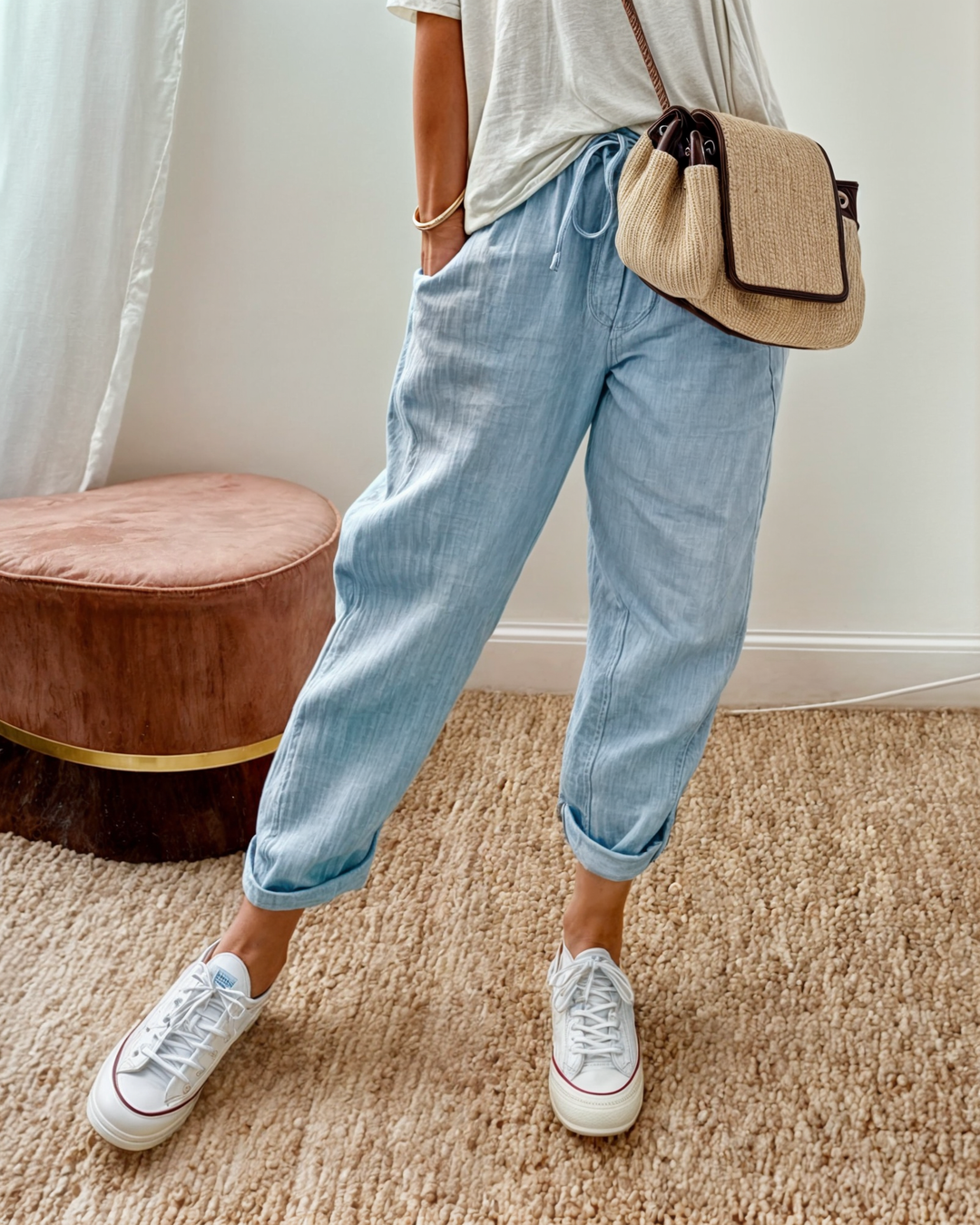 Women's Linen Pants Beige Size M Lightweight Breathable 1
