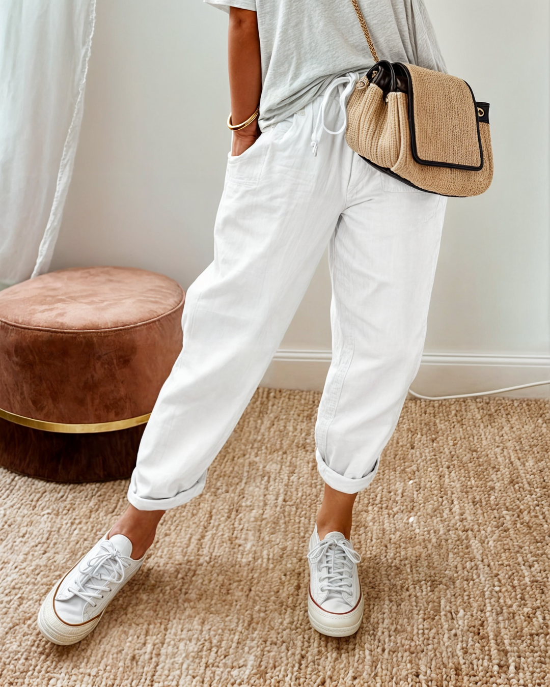 Women's Linen Pants Beige Size M Lightweight Breathable 2