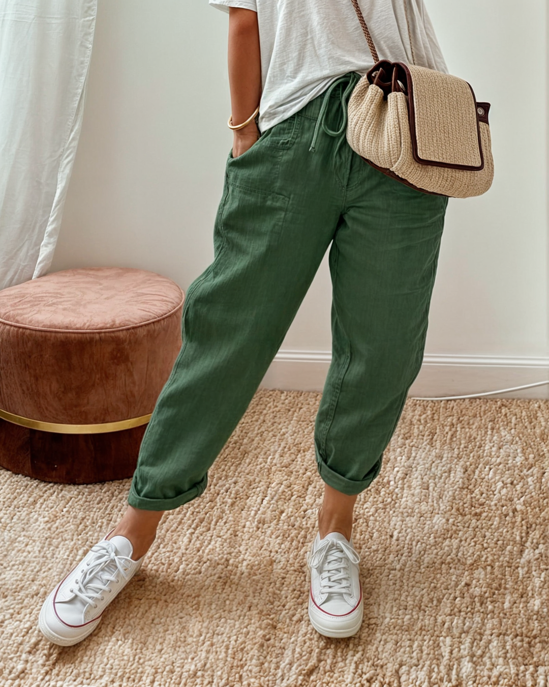 Women's Linen Pants Beige Size M Lightweight Breathable 3