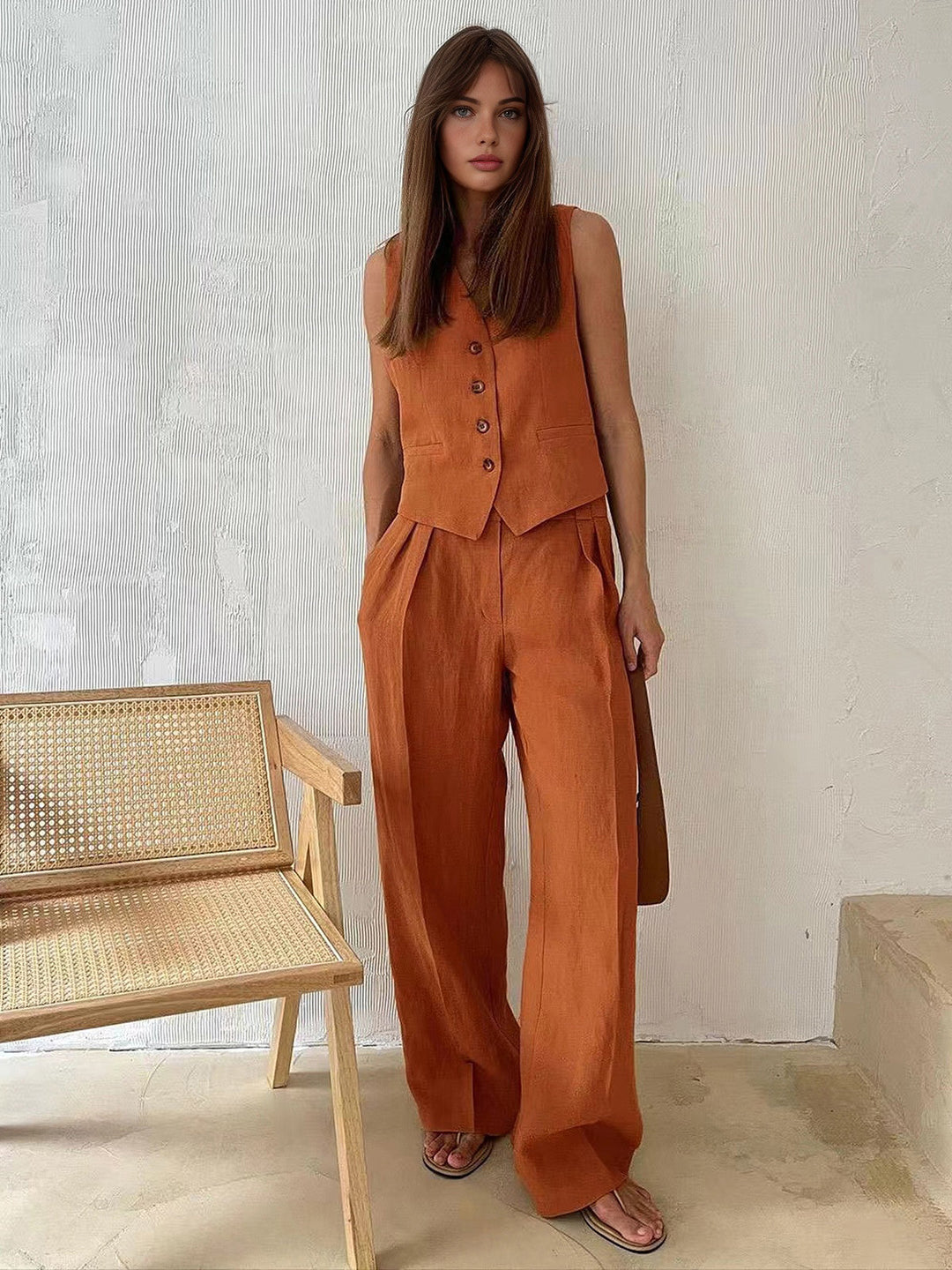 Women's Matching Top and Pants Set Beige Size M Cotton Linen 0