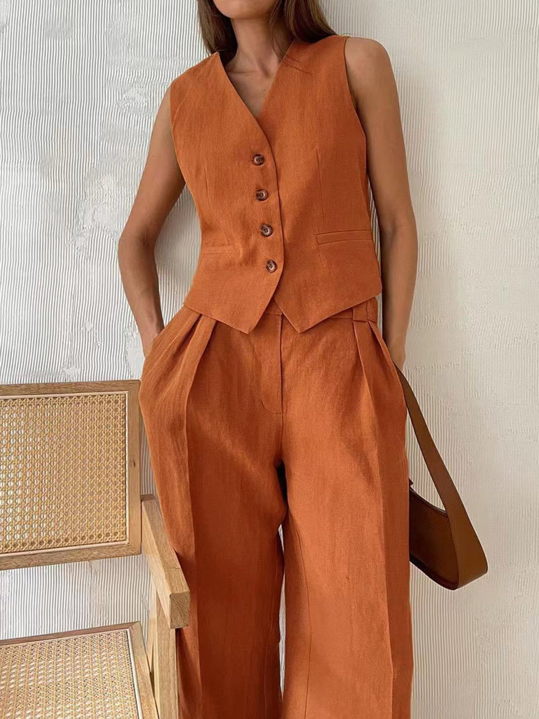 Women's Matching Top and Pants Set Beige Size M Cotton Linen 1