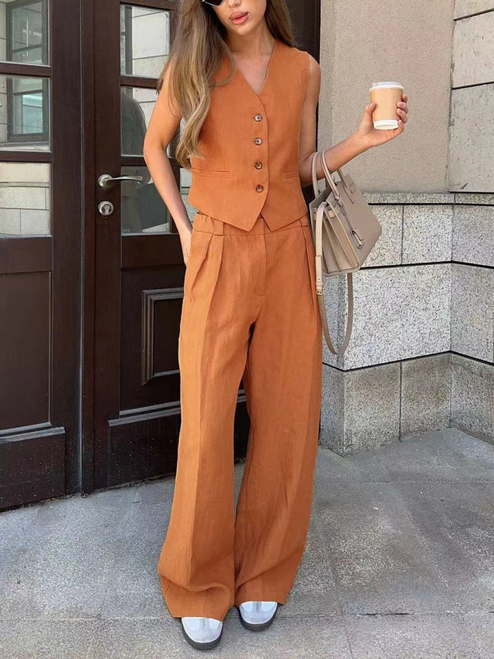 Women's Matching Top and Pants Set Beige Size M Cotton Linen 2