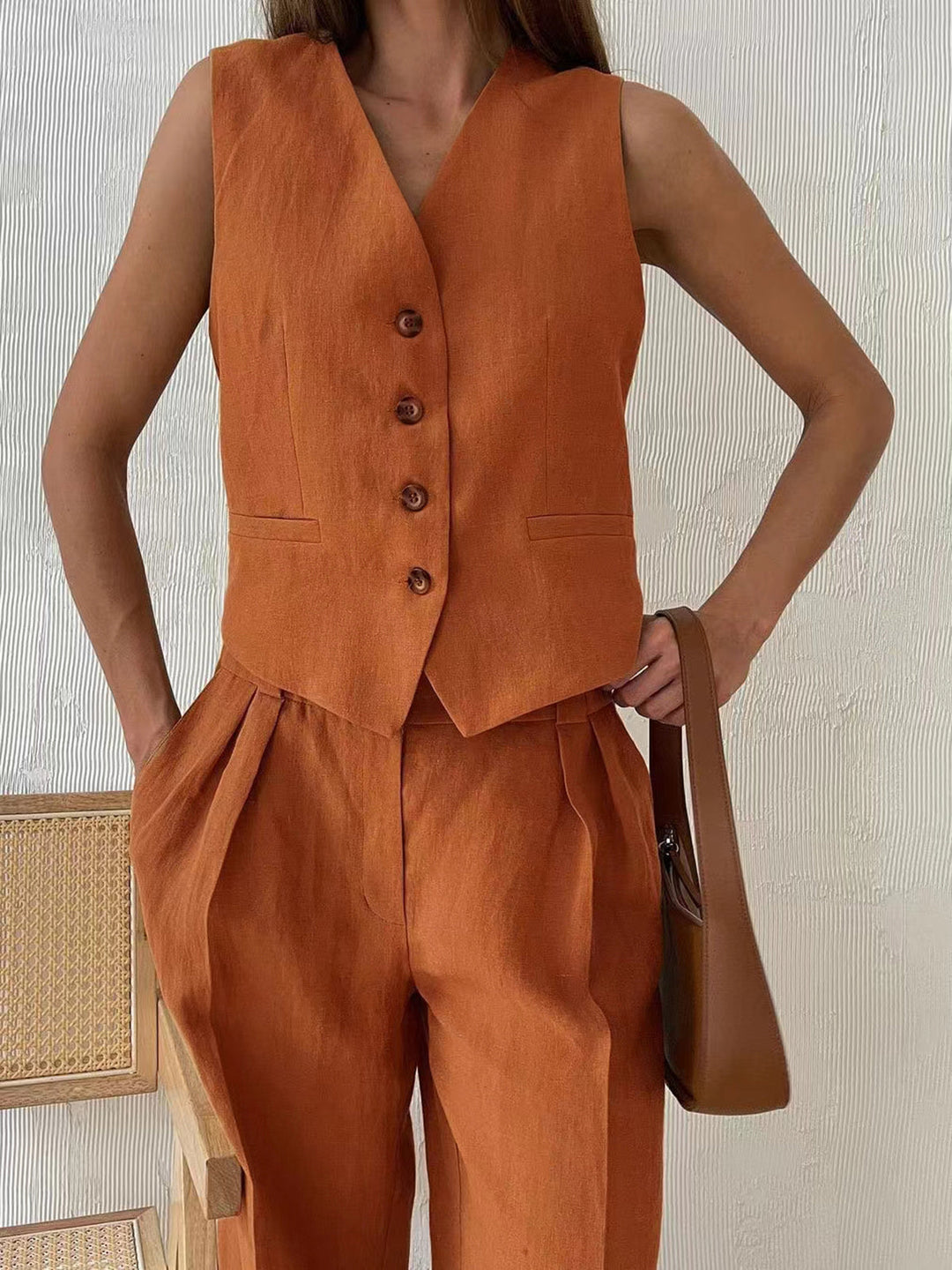 Women's Matching Top and Pants Set Beige Size M Cotton Linen 3