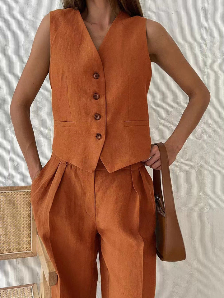 Women's Matching Top and Pants Set Beige Size M Cotton Linen 3