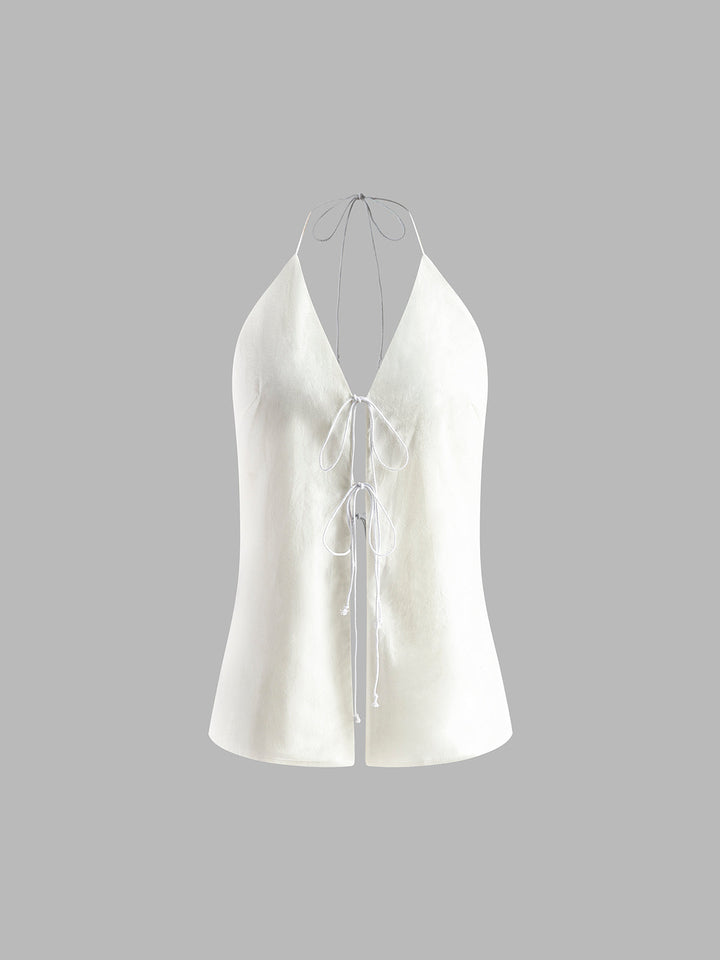 Women's Set White Size M Cotton Linen Backless Halter Top and Shorts 8