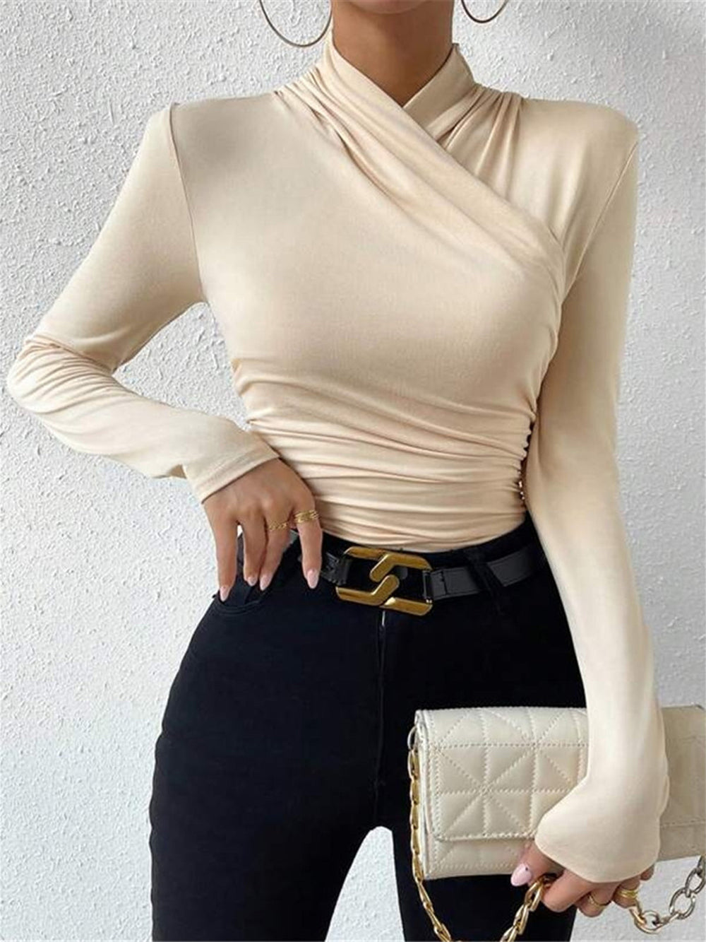 Women's T-Shirt Black Size M Jersey Long Sleeve Criss-Cross Collar 0