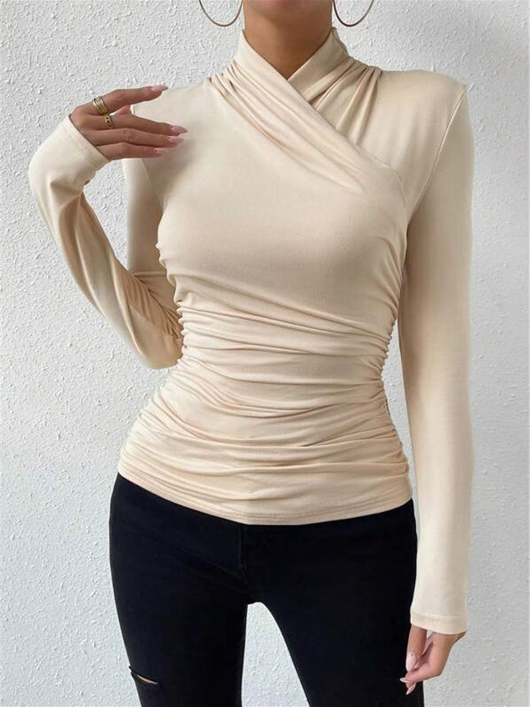 Women's T-Shirt Black Size M Jersey Long Sleeve Criss-Cross Collar 3