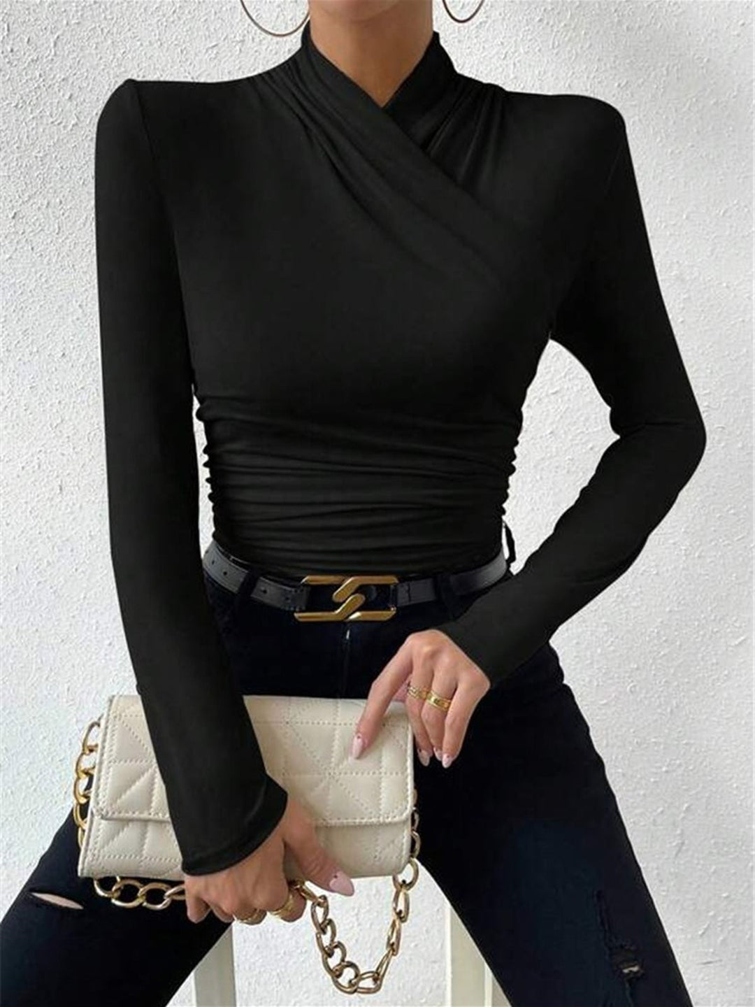 Women's T-Shirt Black Size M Jersey Long Sleeve Criss-Cross Collar 4
