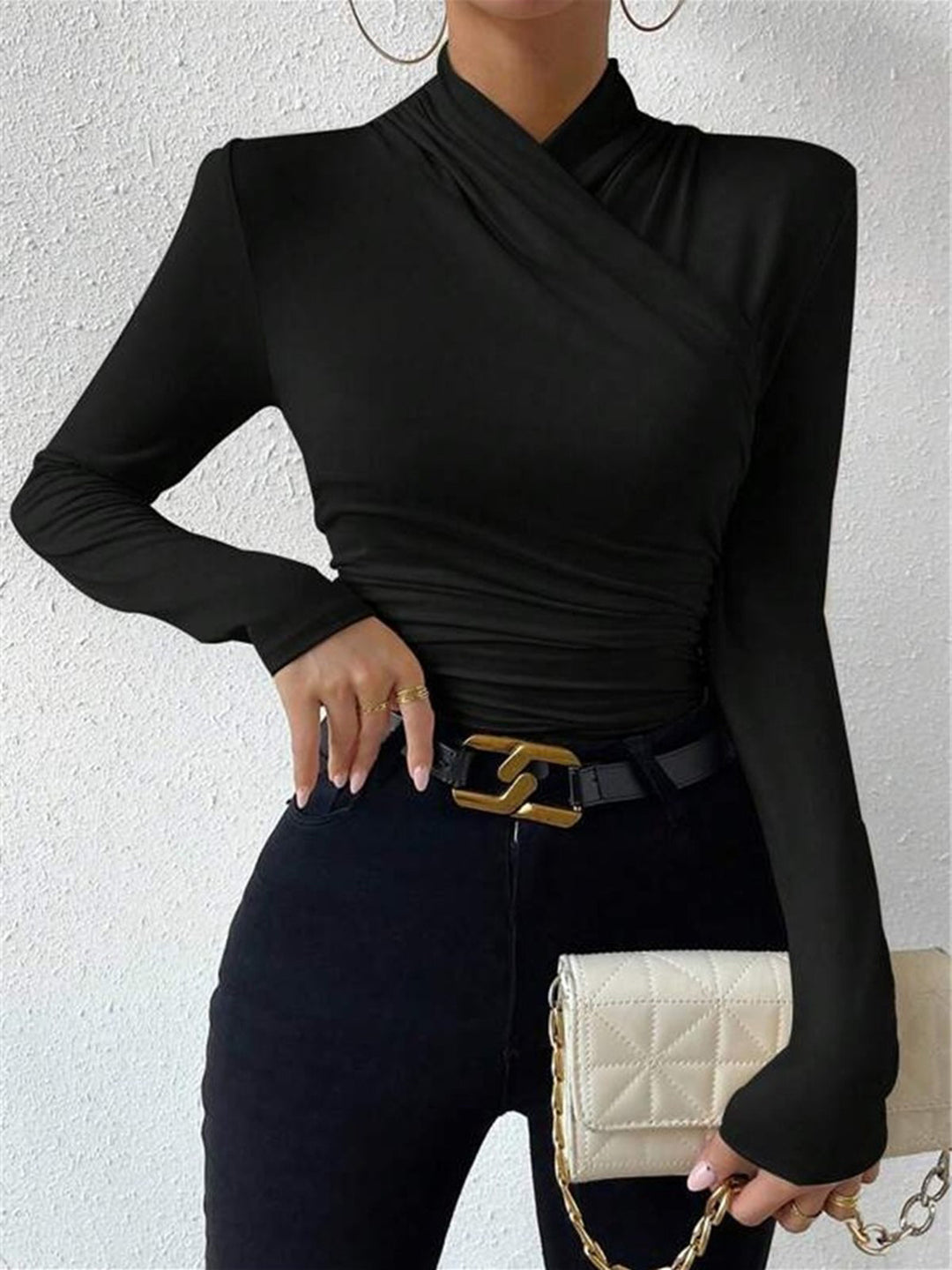 Women's T-Shirt Black Size M Jersey Long Sleeve Criss-Cross Collar 6