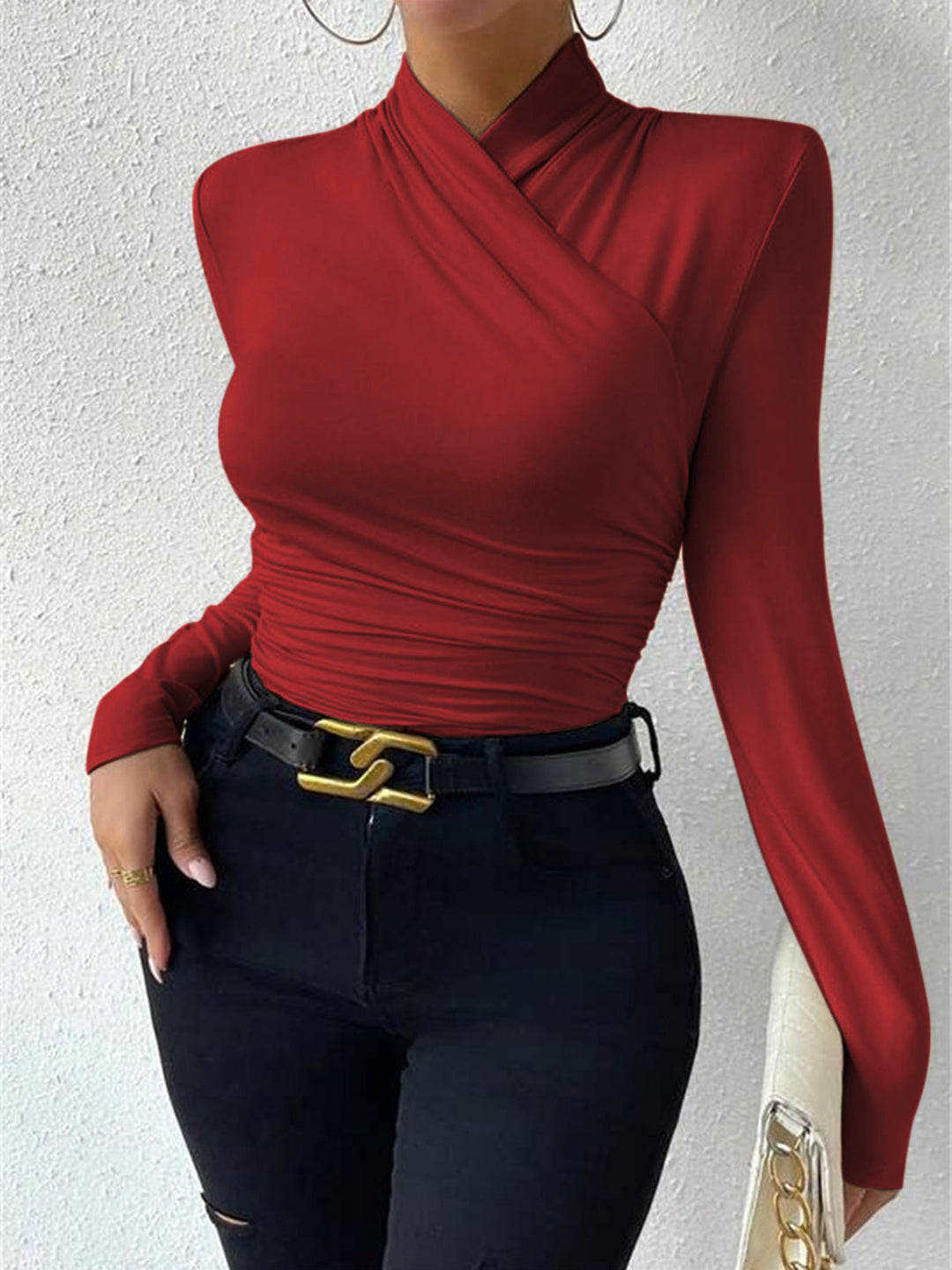 Women's T-Shirt Black Size M Jersey Long Sleeve Criss-Cross Collar 9