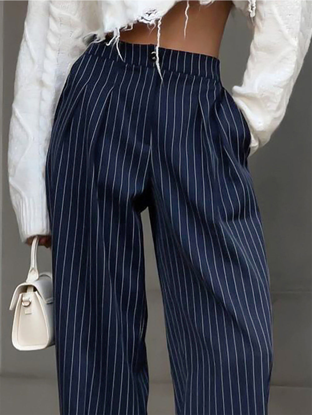 Women's Wide Leg Pants Black Size M Polyester Pinstripe 1