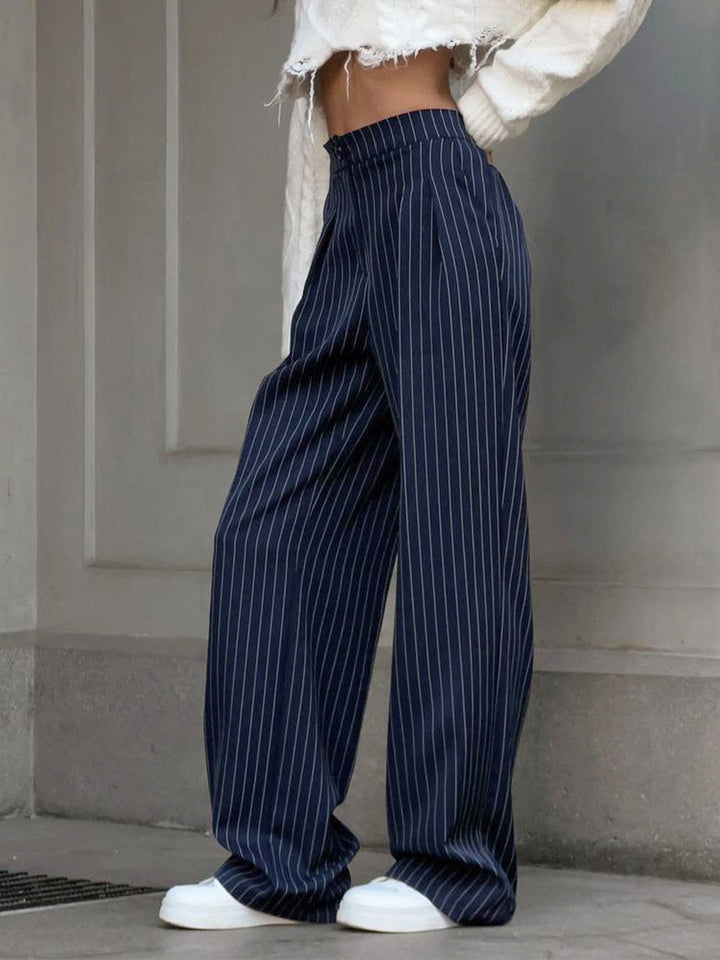 Women's Wide Leg Pants Black Size M Polyester Pinstripe 2