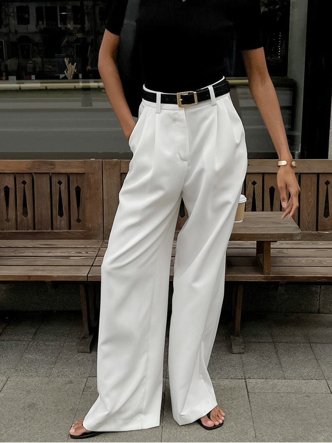 Women's Wide Leg Pants Black Size M Polyester Rayon 1