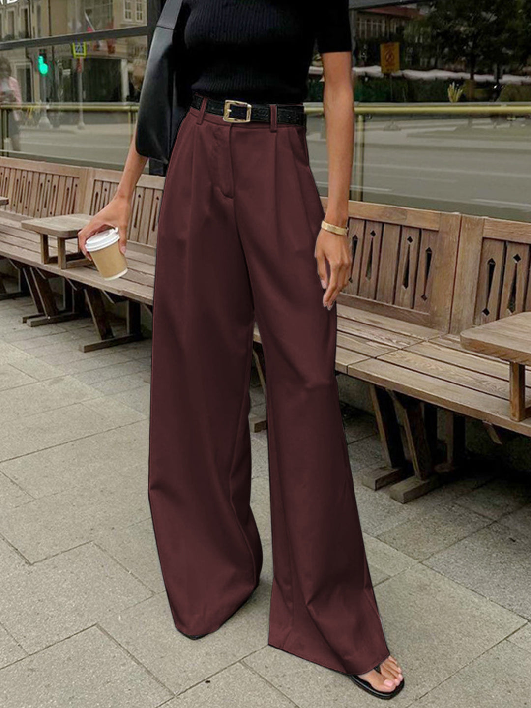 Women's Wide Leg Pants Black Size M Polyester Rayon 10