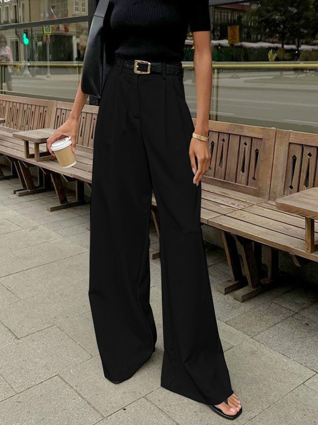 Women's Wide Leg Pants Black Size M Polyester Rayon 4