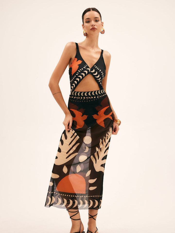 Bird Print Mesh Maxi Skirt for Women – Lightweight Long Skirt with Medium Stretch, Regular Fit, Perfect Beach Cover-Up 0