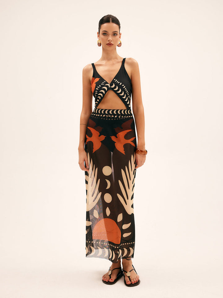 Bird Print Mesh Maxi Skirt for Women – Lightweight Long Skirt with Medium Stretch, Regular Fit, Perfect Beach Cover-Up 1