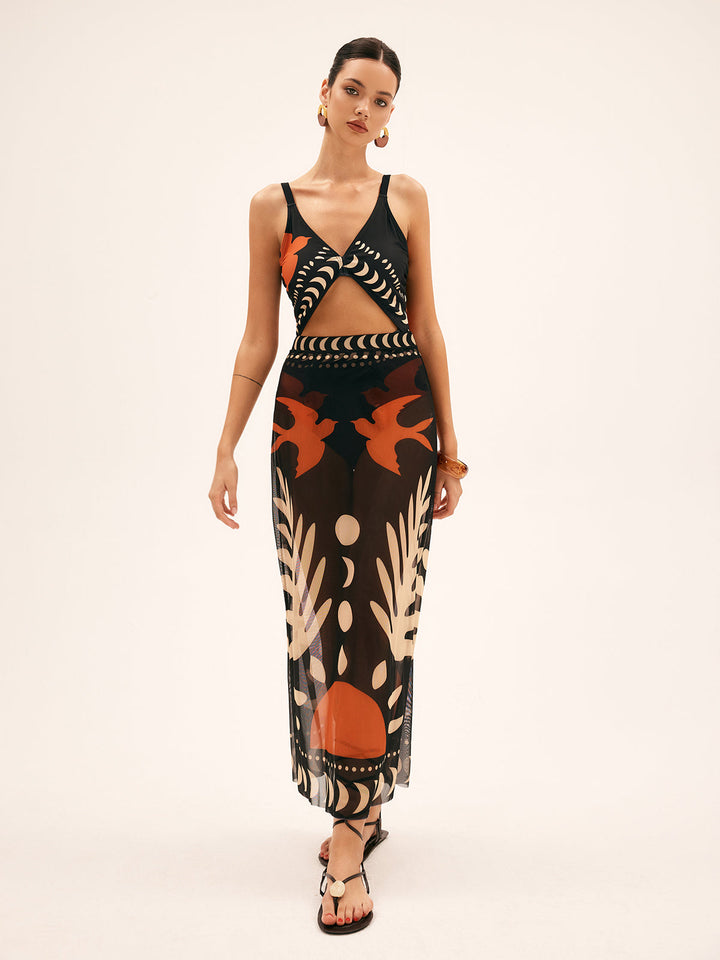 Bird Print Mesh Maxi Skirt for Women – Lightweight Long Skirt with Medium Stretch, Regular Fit, Perfect Beach Cover-Up 2