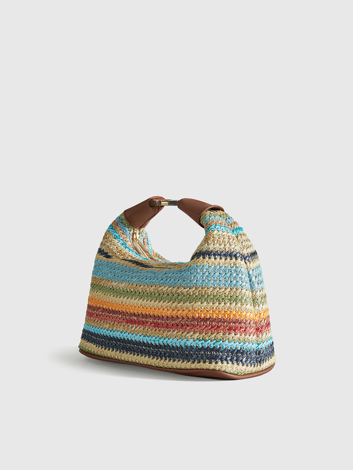Color-Block Striped Straw Handbag with Leather Strap – Stylish and Versatile Tote Bag for Casual Outings 2