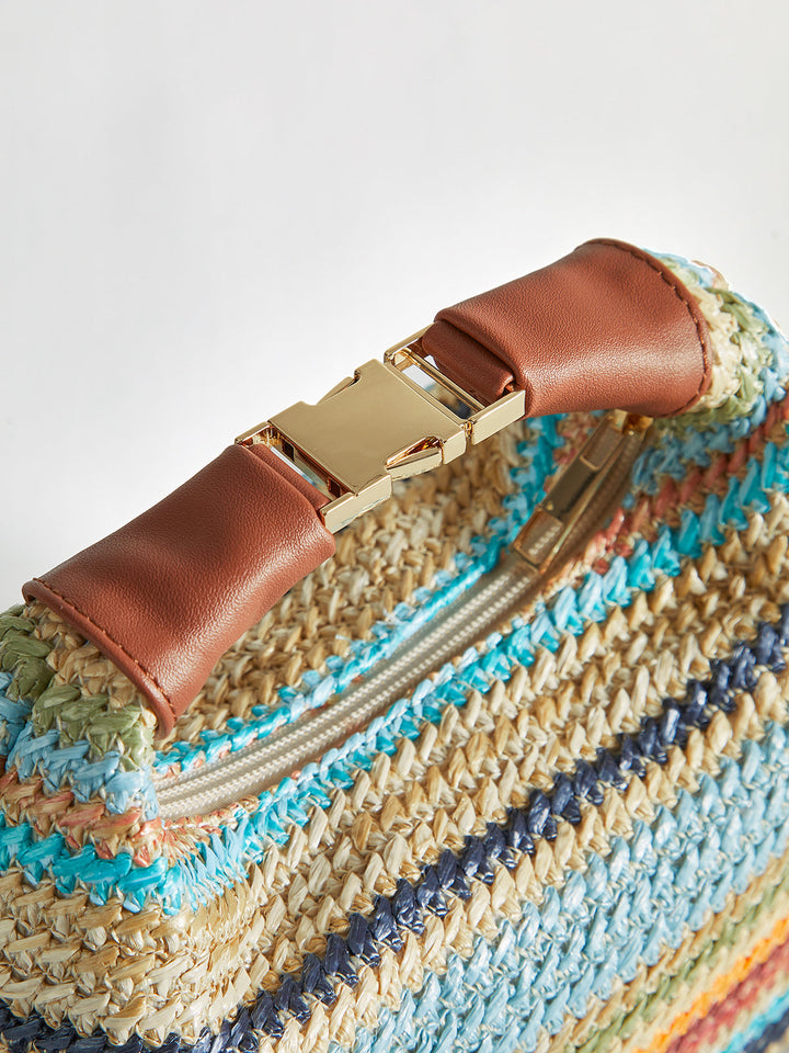 Color-Block Striped Straw Handbag with Leather Strap – Stylish and Versatile Tote Bag for Casual Outings 3