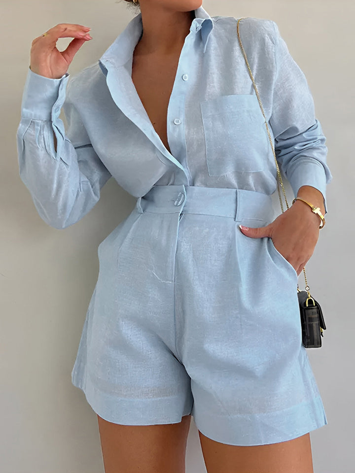 Comfortable Cotton Long Sleeve Shirt and Shorts Set for Women – Loose Fit Casual Wear 0