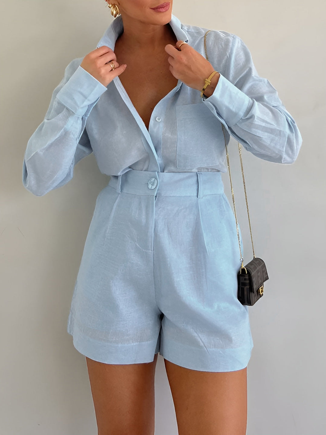 Comfortable Cotton Long Sleeve Shirt and Shorts Set for Women – Loose Fit Casual Wear 2