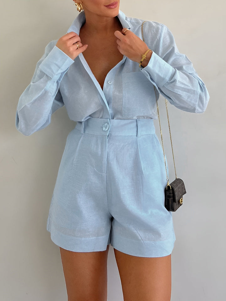 Comfortable Cotton Long Sleeve Shirt and Shorts Set for Women – Loose Fit Casual Wear 2