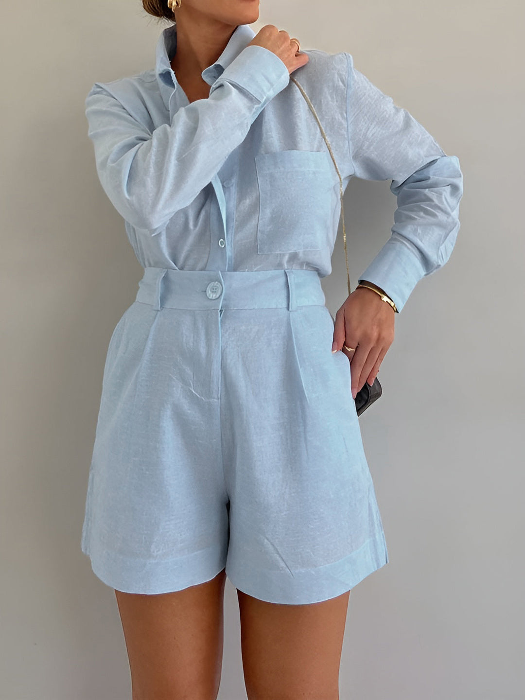 Comfortable Cotton Long Sleeve Shirt and Shorts Set for Women – Loose Fit Casual Wear 3