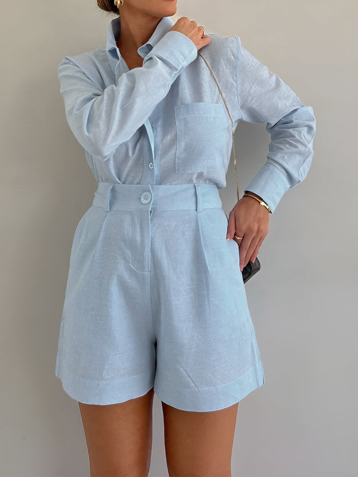 Comfortable Cotton Long Sleeve Shirt and Shorts Set for Women – Loose Fit Casual Wear 3