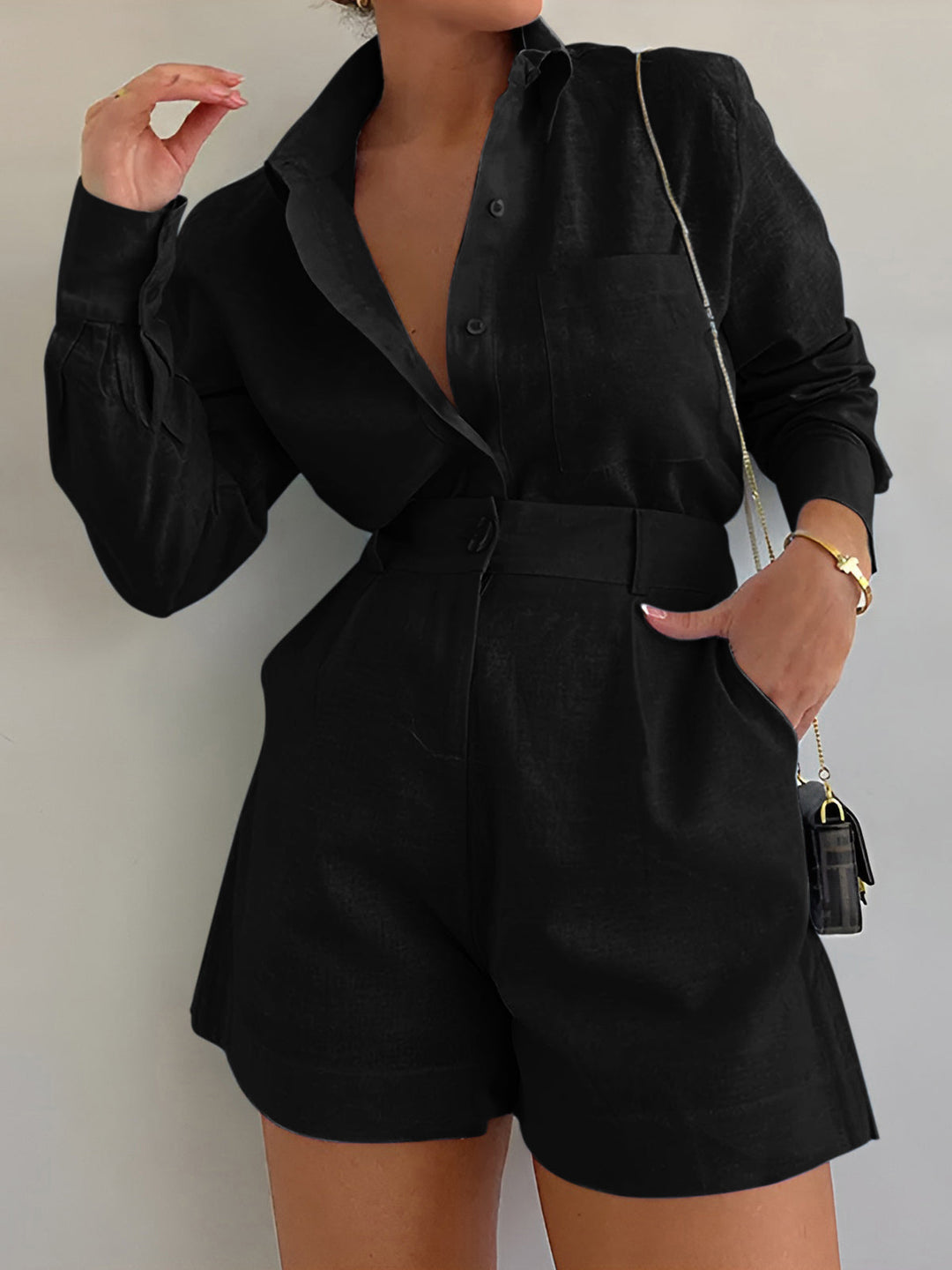 Comfortable Cotton Long Sleeve Shirt and Shorts Set for Women – Loose Fit Casual Wear 8